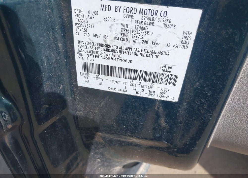 2008 FORD F-150 VIN: 1FTRF14588KD10639