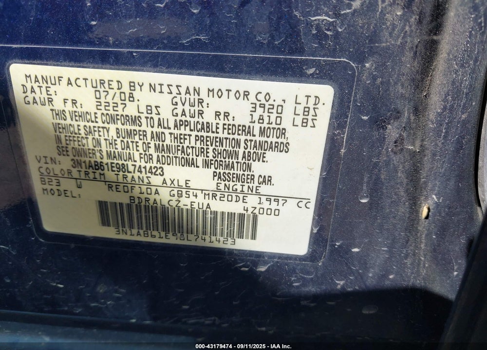 2008 NISSAN SENTRA 2.0 VIN: 3N1AB61E98L741423