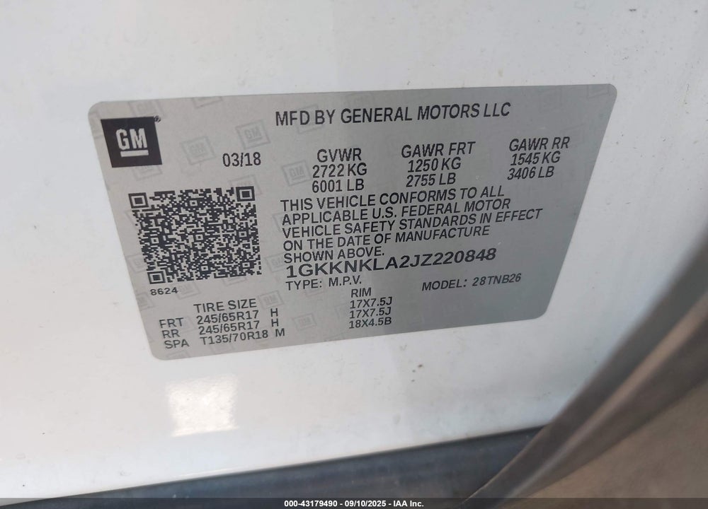 2018 GMC ACADIA VIN: 1GKKNKLA2JZ220848