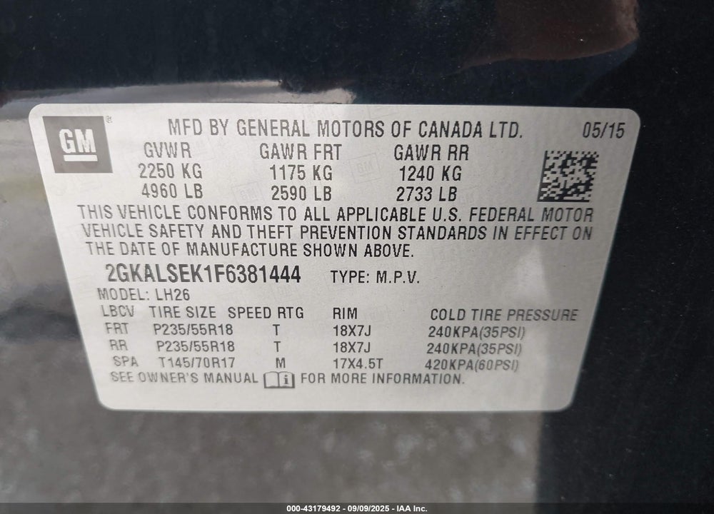 2015 GMC TERRAIN SLT-1 VIN: 2GKALSEK1F6381444