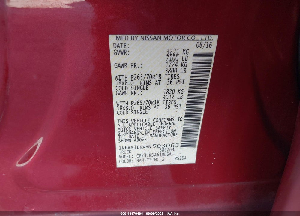 2017 NISSAN TITAN VIN: 1N6AA1EKXHN503063