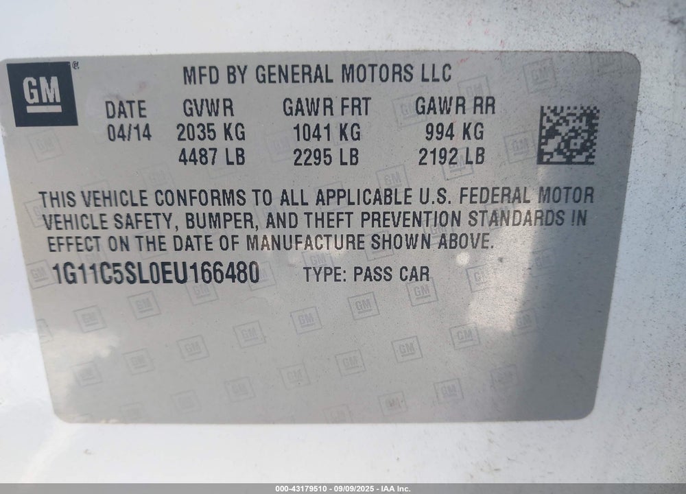 2014 CHEVROLET MALIBU VIN: 1G11C5SL0EU166480