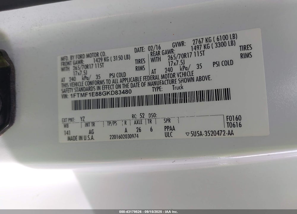 2016 FORD F-150 VIN: 1FTMF1E88GKD83480