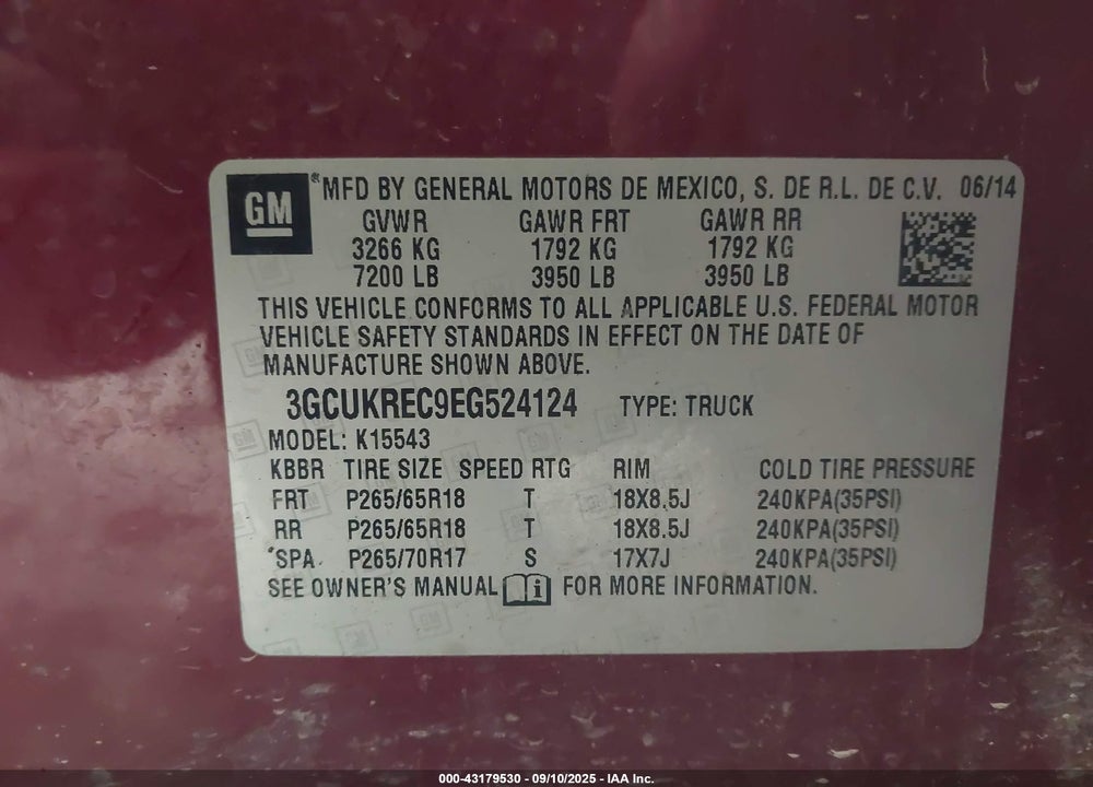 2014 CHEVROLET SILVERADO 1500 VIN: 3GCUKREC9EG524124