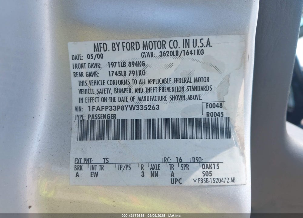 2000 FORD FOCUS LX VIN: 1FAFP33P8YW335263