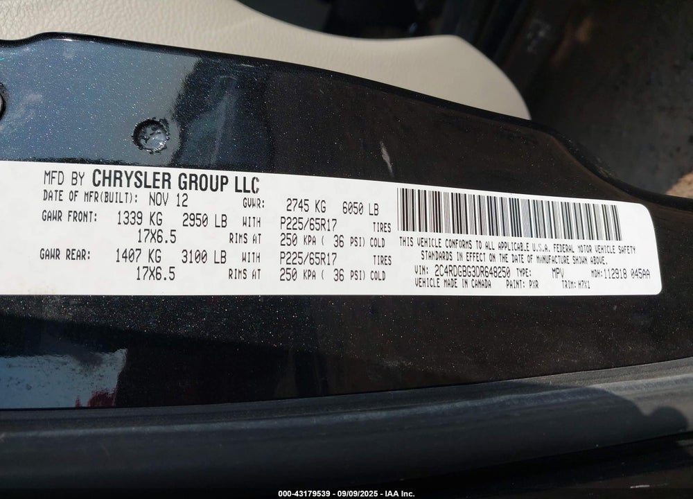 2013 DODGE GRAND CARAVAN VIN: 2C4RDGBG3DR648250
