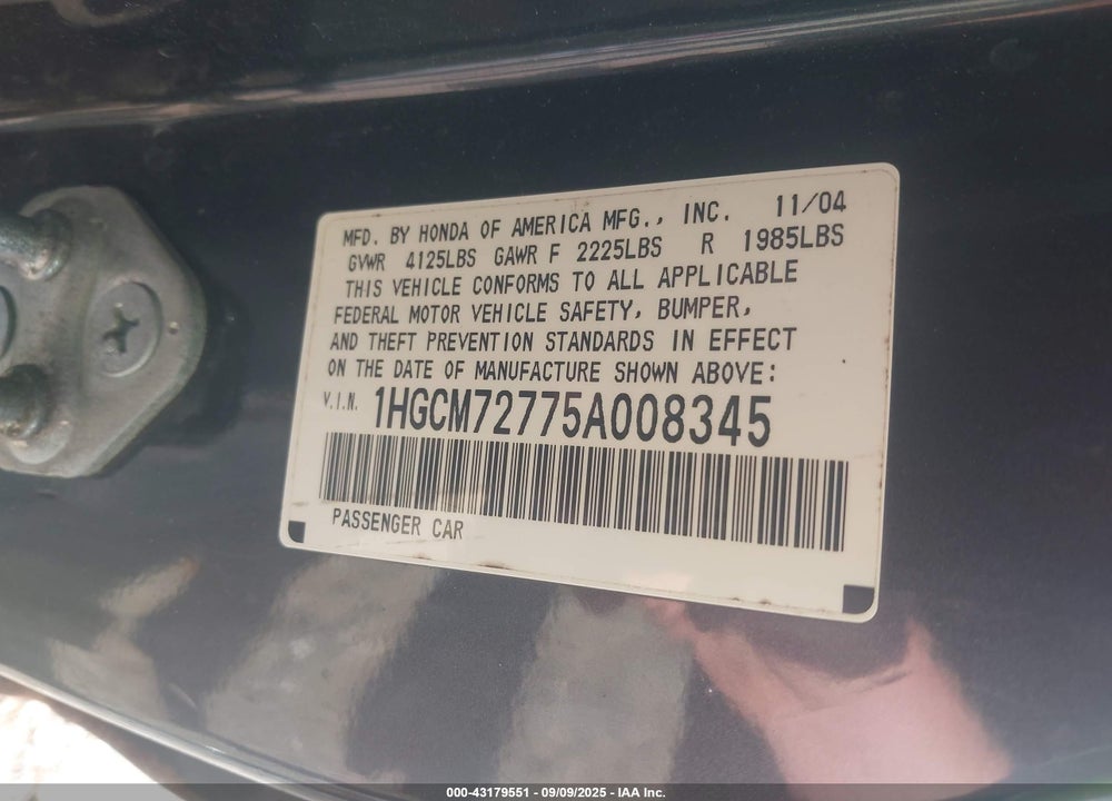 2005 HONDA ACCORD EX VIN: 1HGCM72775A008345