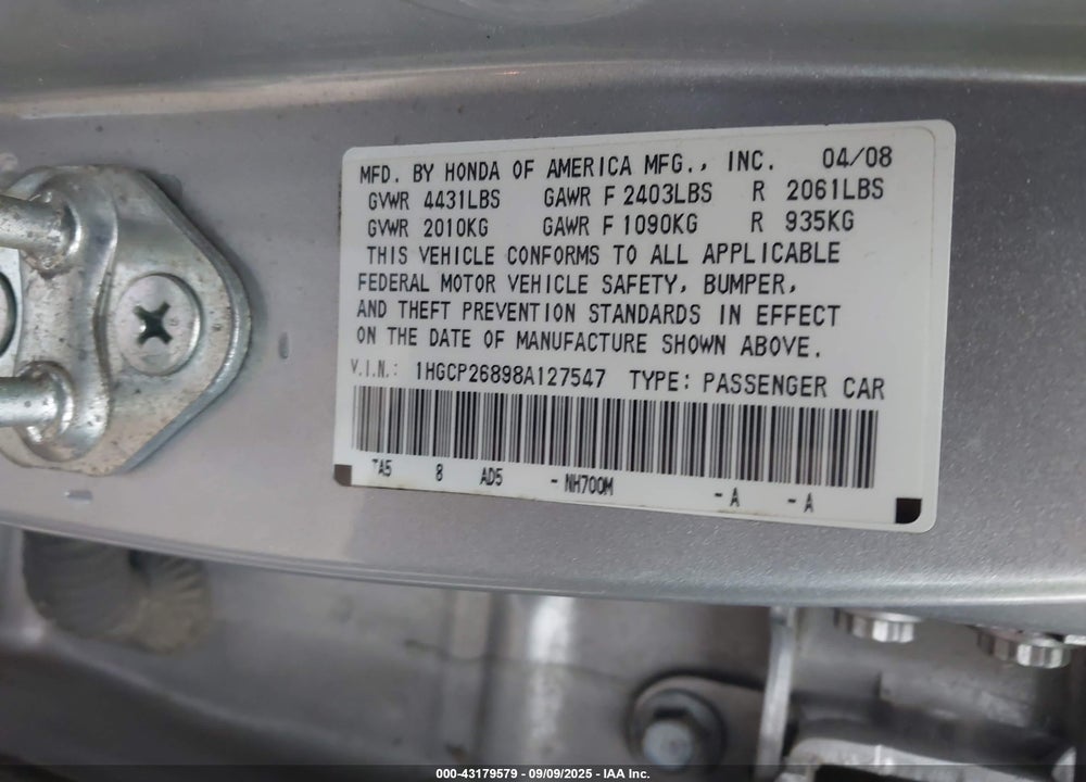 2008 HONDA ACCORD 2.4 EX-L VIN: 1HGCP26898A127547