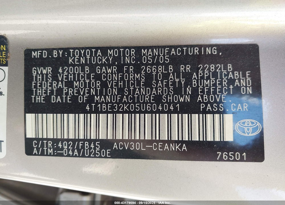 2005 TOYOTA CAMRY STD/ VIN: 4T1BE32K05U604041