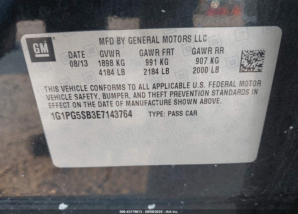 2014 CHEVROLET CRUZE VIN: 1G1PG5SB3E7143764