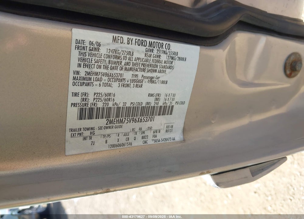 2006 MERCURY GRAND MARQUIS LS VIN: 2MEHM75V96X653701