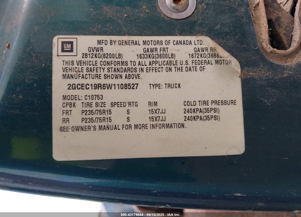 1998 CHEVROLET C1500 FLEETSIDE VIN: 2GCEC19R6W1108527