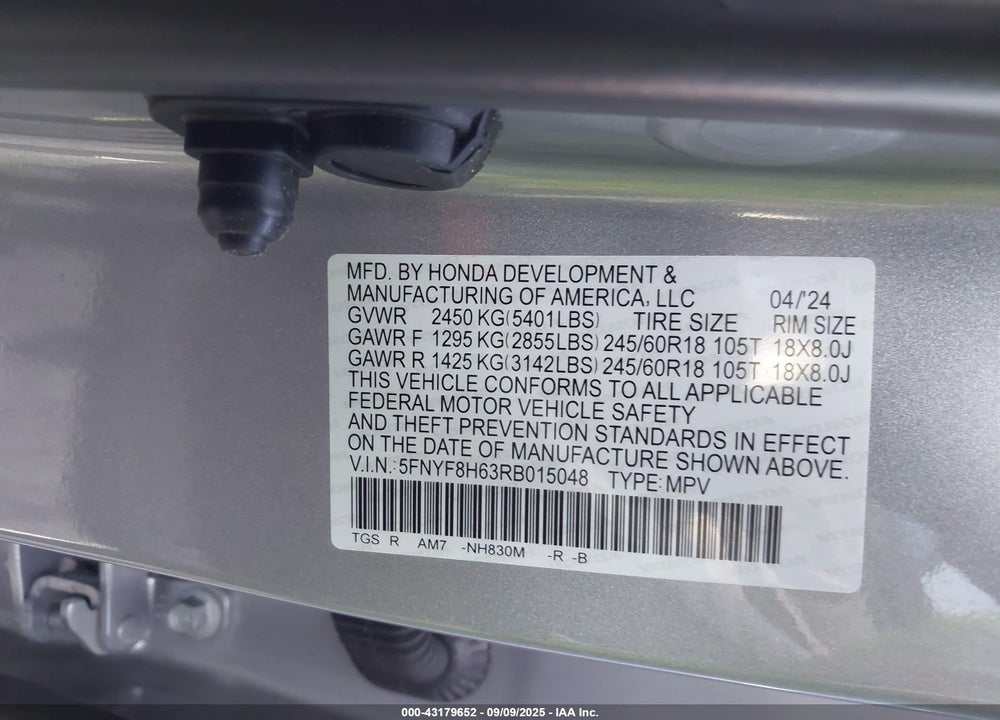 2024 HONDA PASSPORT VIN: 5FNYF8H63RB015048