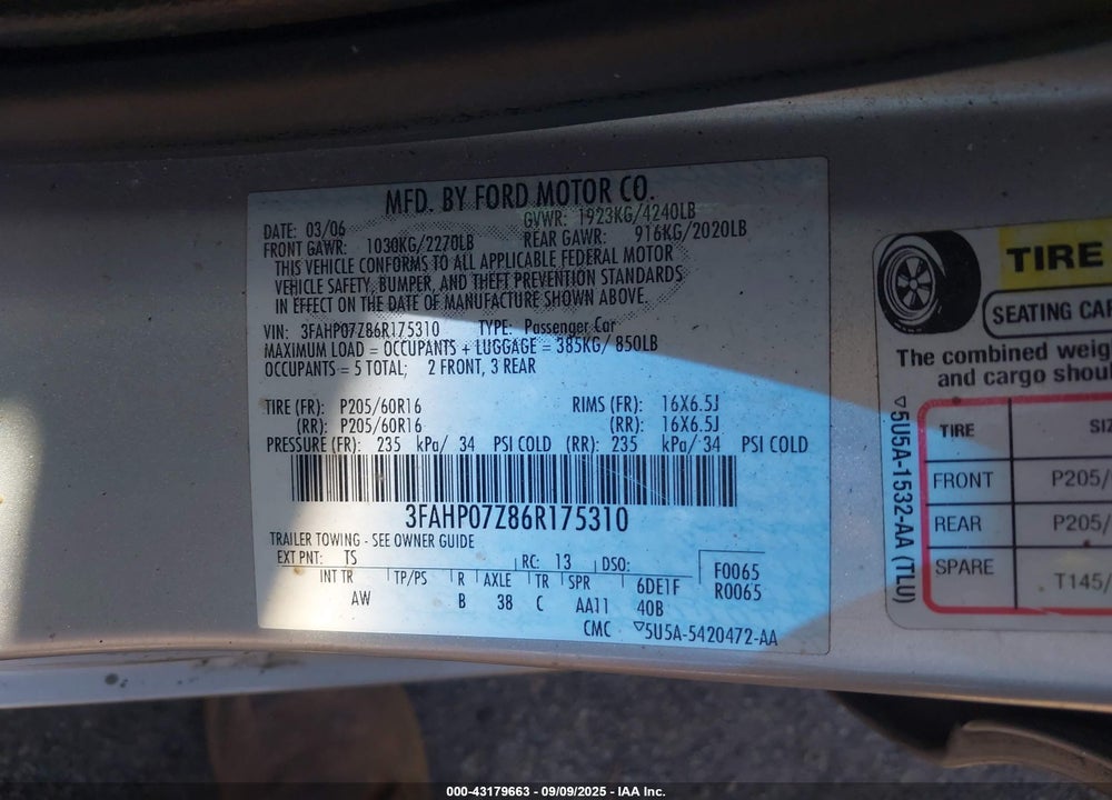 2006 FORD FUSION SE VIN: 3FAHP07Z86R175310