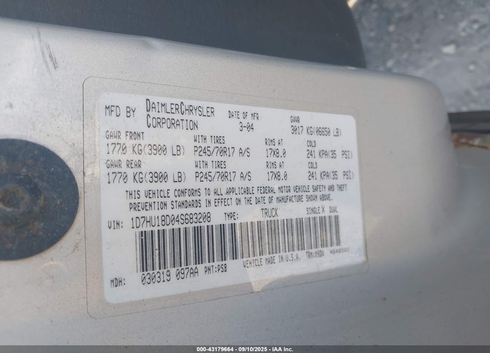 2004 DODGE RAM 1500 SLT/LARAMIE VIN: 1D7HU18D04S683208