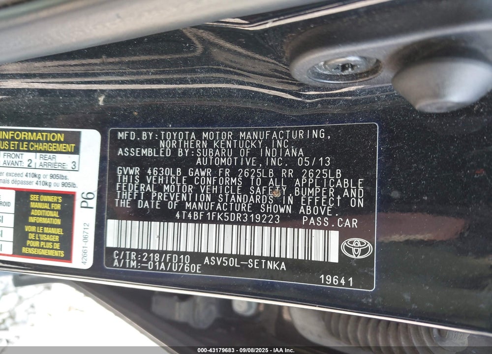 2013 TOYOTA CAMRY VIN: 4T4BF1FK5DR319223