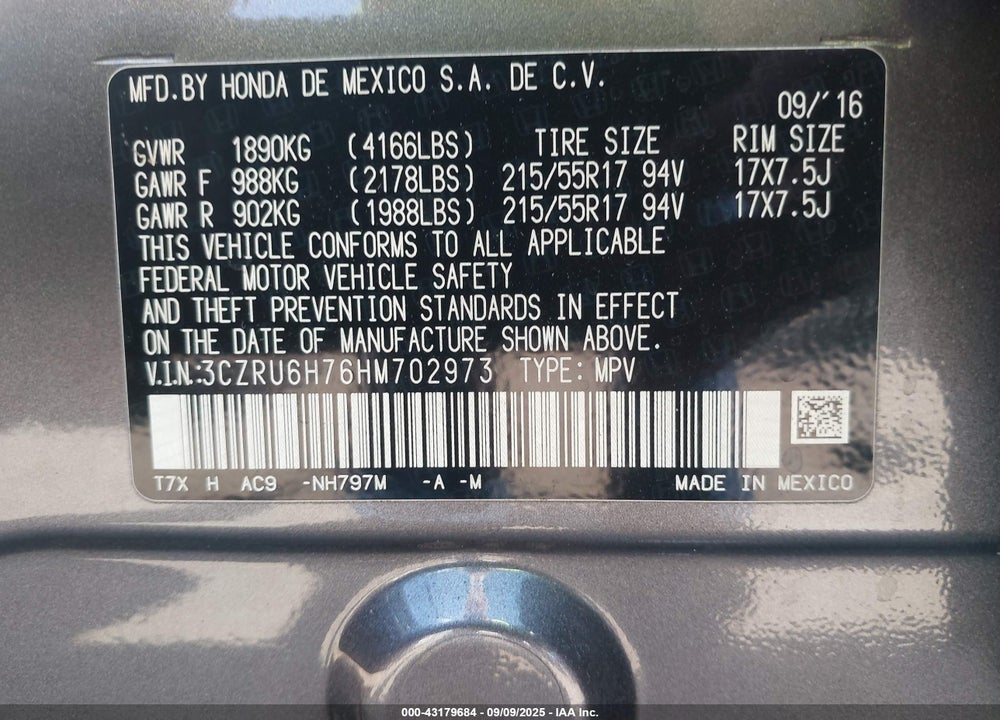 2017 HONDA HR-V VIN: 3CZRU6H76HM702973