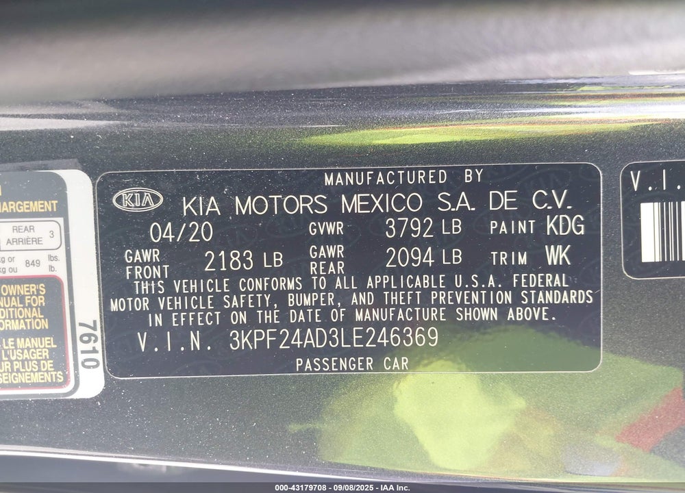 2020 KIA FORTE VIN: 3KPF24AD3LE246369