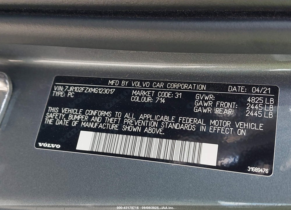 2021 VOLVO S60 VIN: 7JR102FZXMG123017