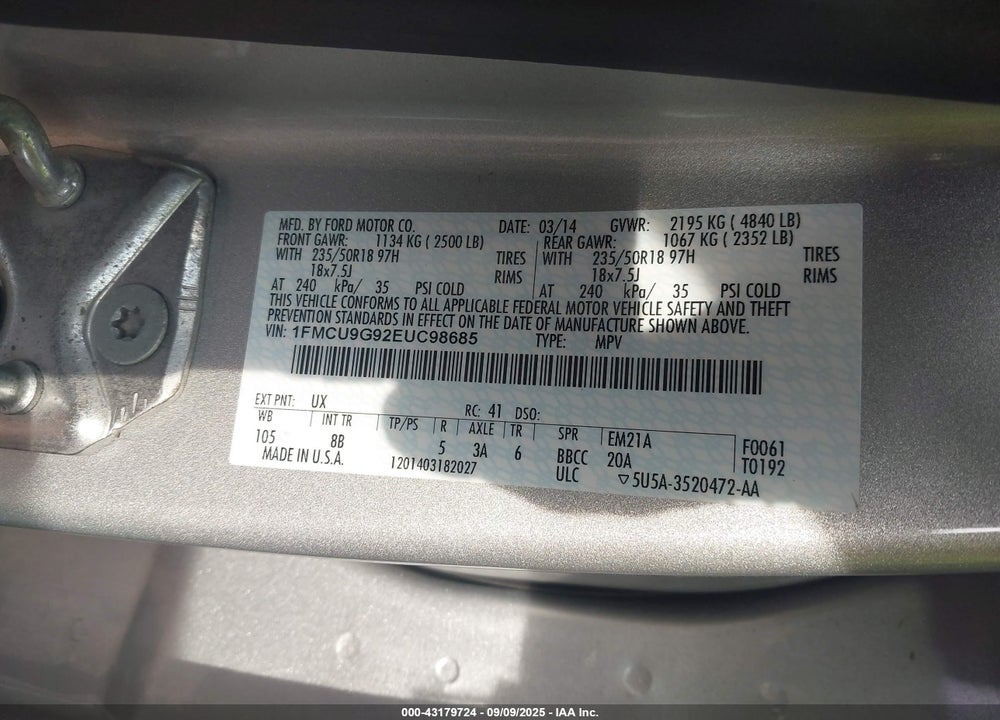 2014 FORD ESCAPE VIN: 1FMCU9G92EUC98685