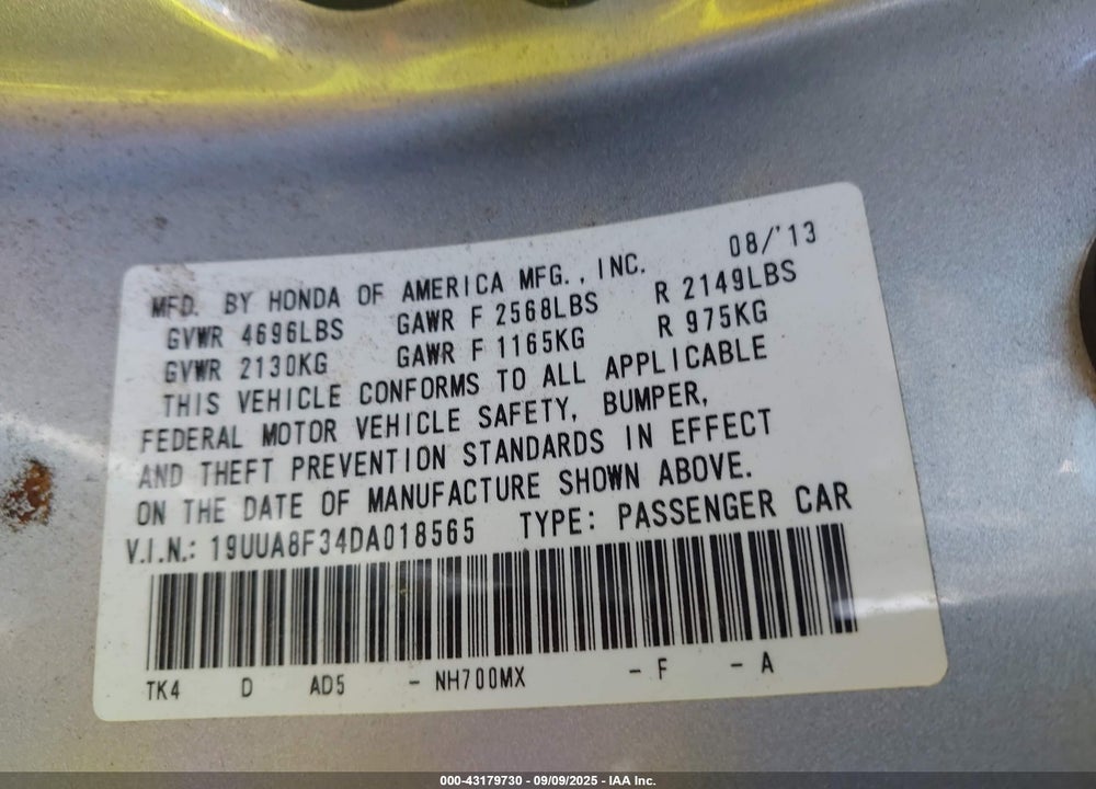 2013 ACURA TL VIN: 19UUA8F34DA018565