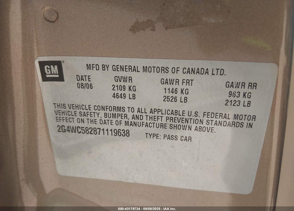 2007 BUICK LACROSSE CX VIN: 2G4WC582871119638