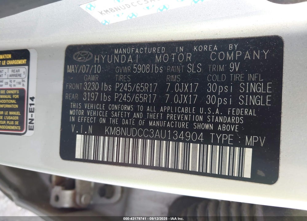 2010 HYUNDAI VERACRUZ VIN: KM8NUDCC3AU134904