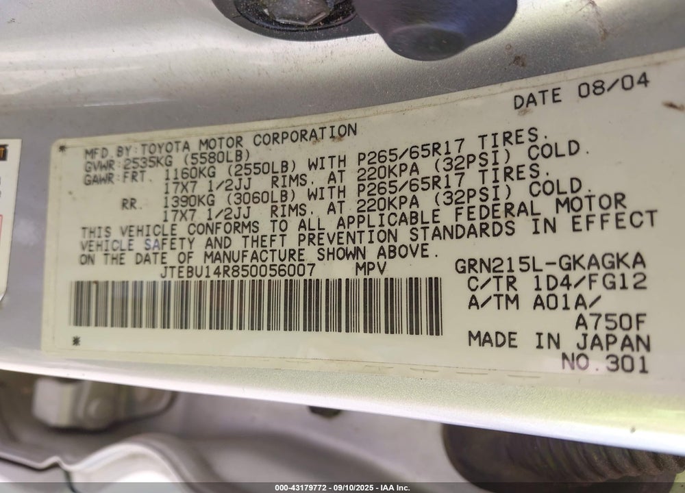 2005 TOYOTA 4RUNNER SR5 V6 VIN: JTEBU14R850056007