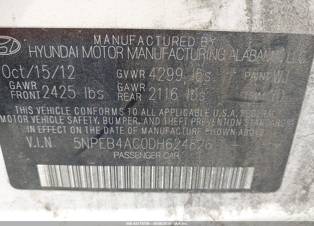 2013 HYUNDAI SONATA VIN: 5NPEB4AC0DH624826