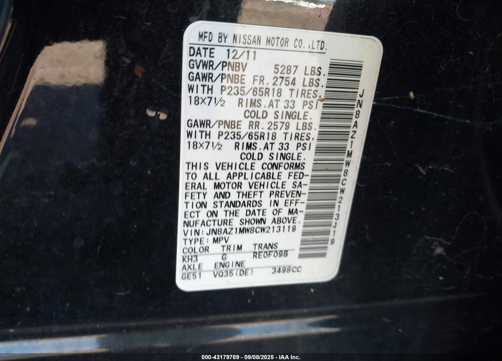 2012 NISSAN MURANO VIN: JN8AZ1MW8CW213119
