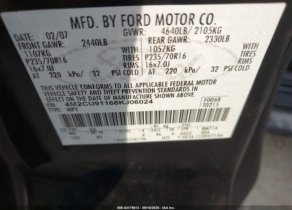 2008 MERCURY MARINER V6 VIN: 4M2CU91168KJ06024