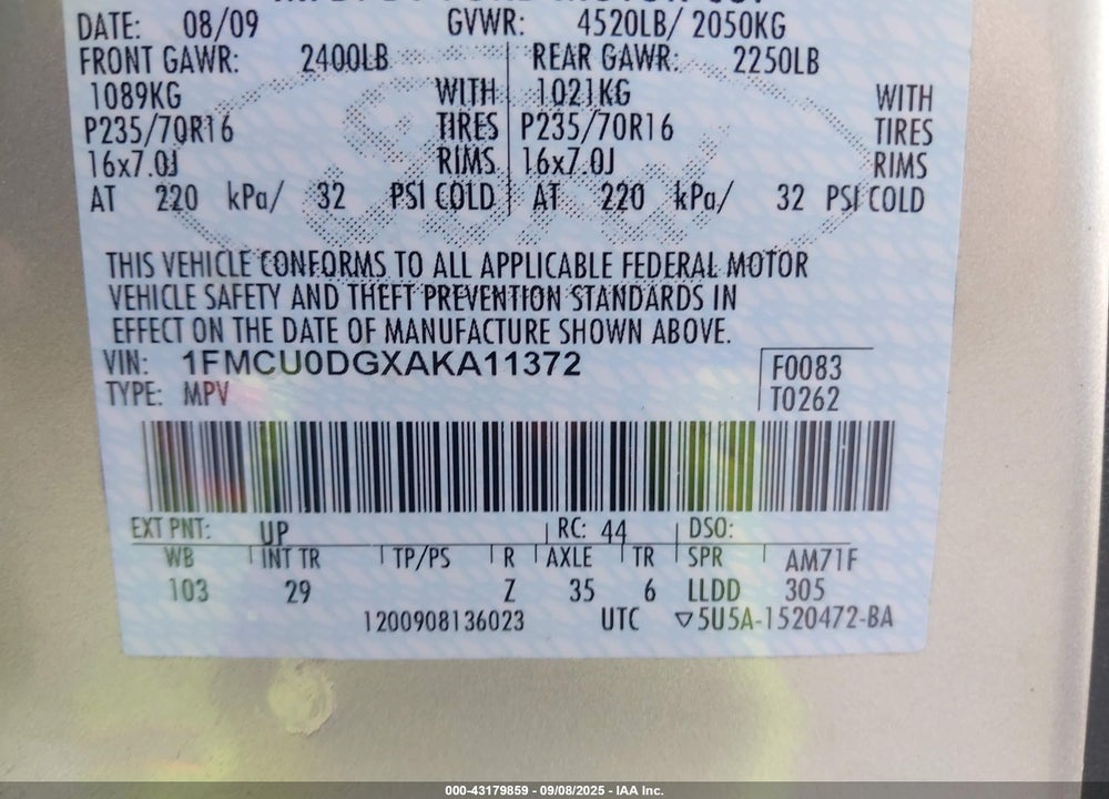 2010 FORD ESCAPE VIN: 1FMCU0DGXAKA11372