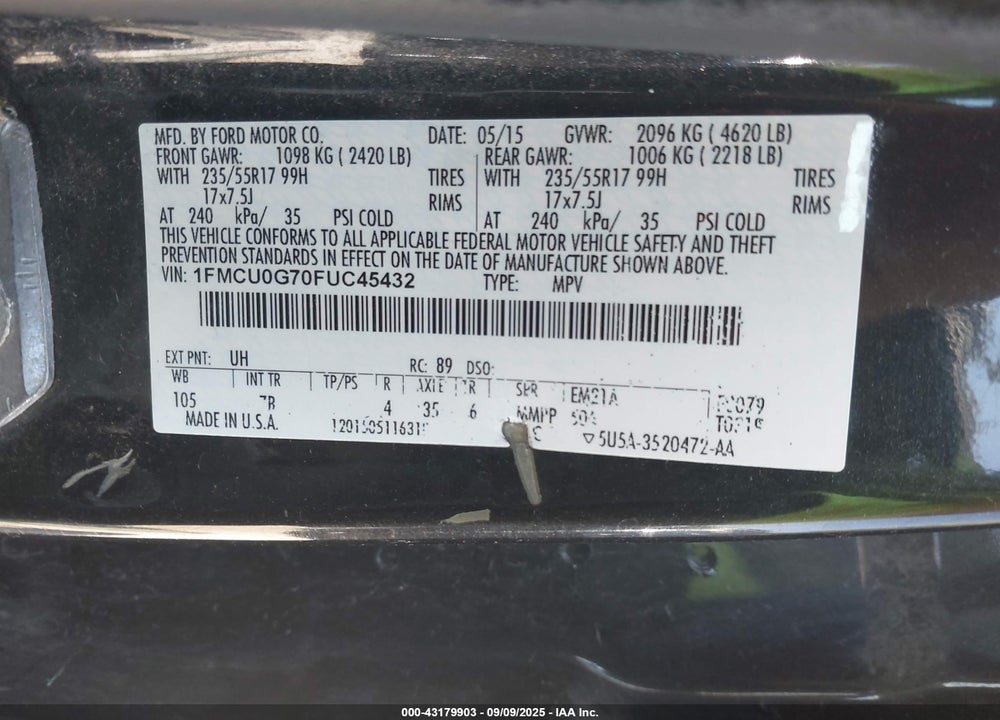 2015 FORD ESCAPE VIN: 1FMCU0G70FUC45432