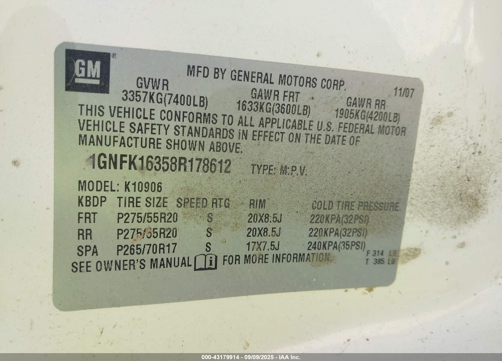 2008 CHEVROLET SUBURBAN 1500 LTZ VIN: 1GNFK16358R178612
