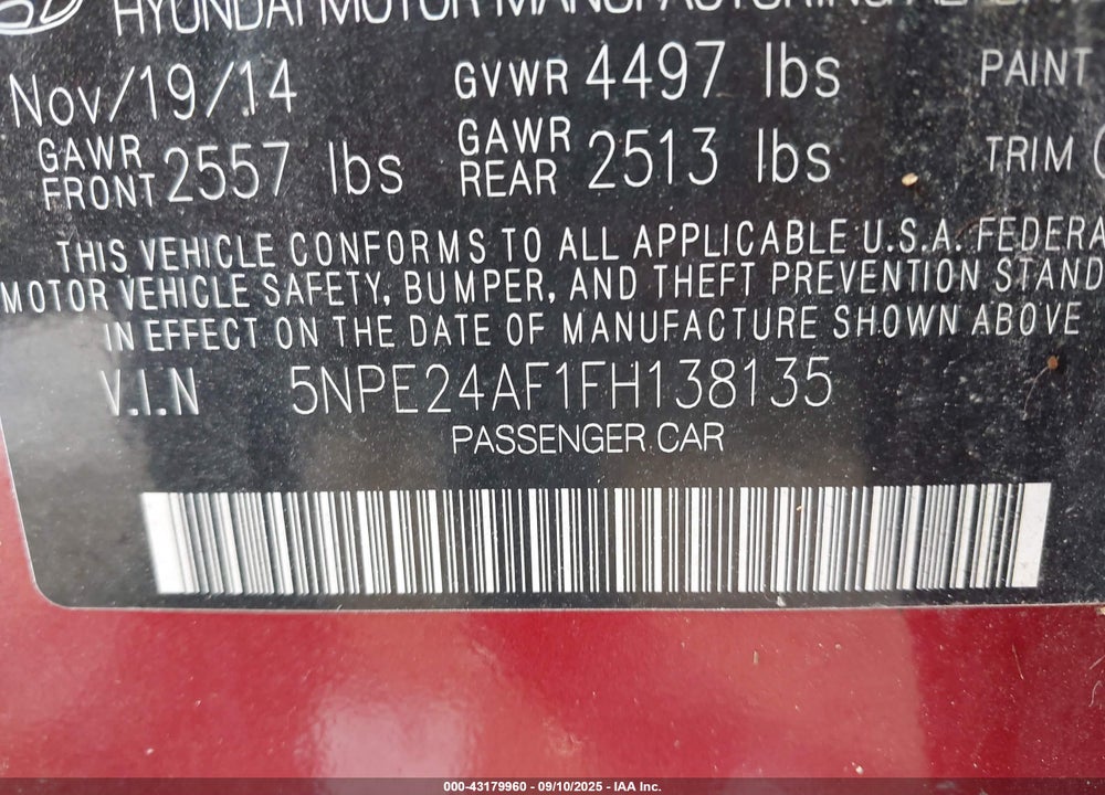 2015 HYUNDAI SONATA VIN: 5NPE24AF1FH138135