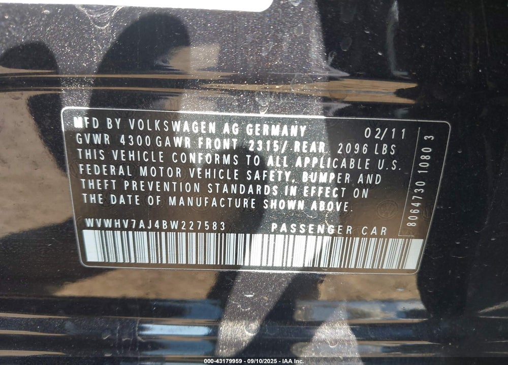 2011 VOLKSWAGEN GTI VIN: WVWHV7AJ4BW227583