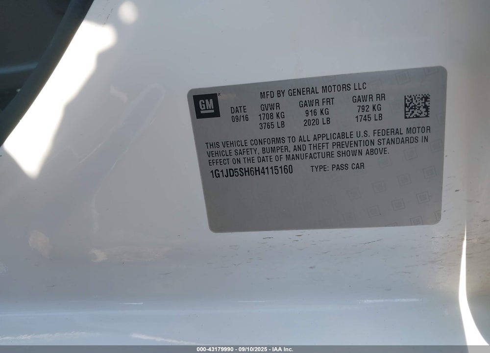 2017 CHEVROLET SONIC VIN: 1G1JD5SH6H4115160