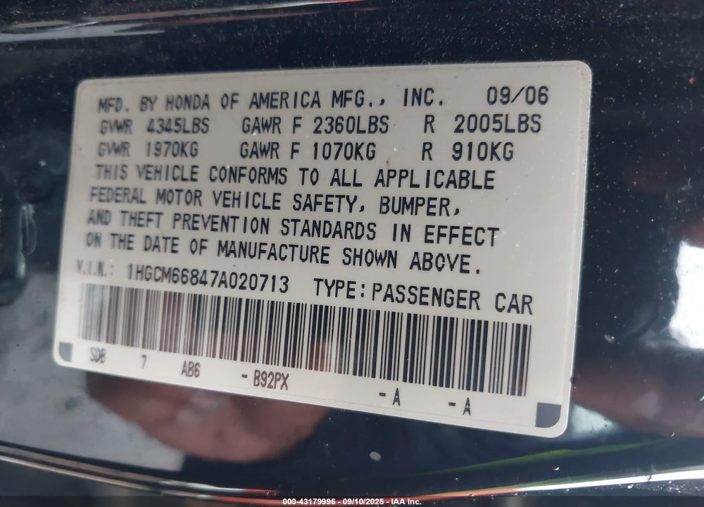 2007 HONDA ACCORD 3.0 EX VIN: 1HGCM66847A020713