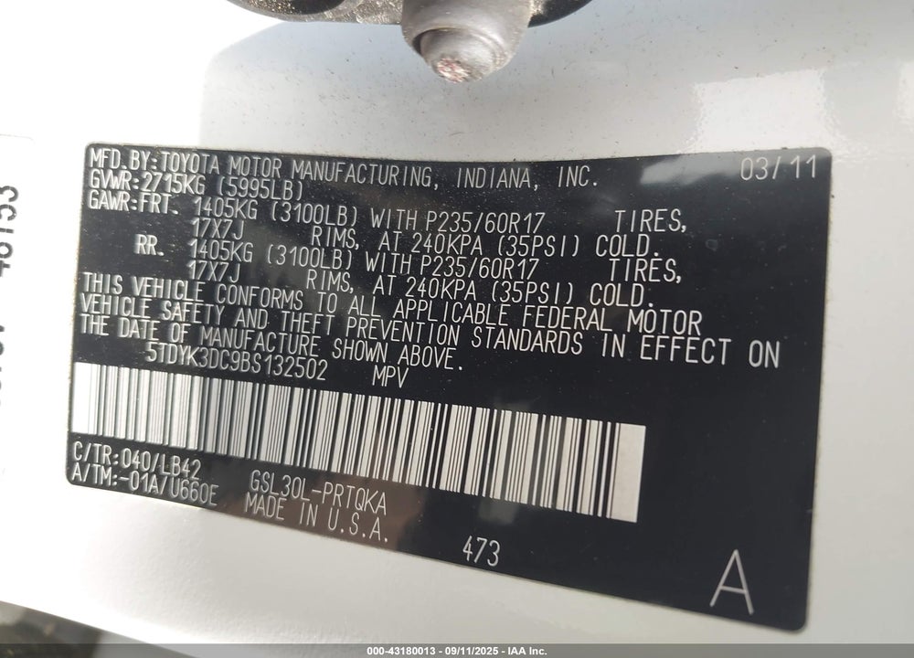 2011 TOYOTA SIENNA XLE V6 VIN: 5TDYK3DC9BS132502