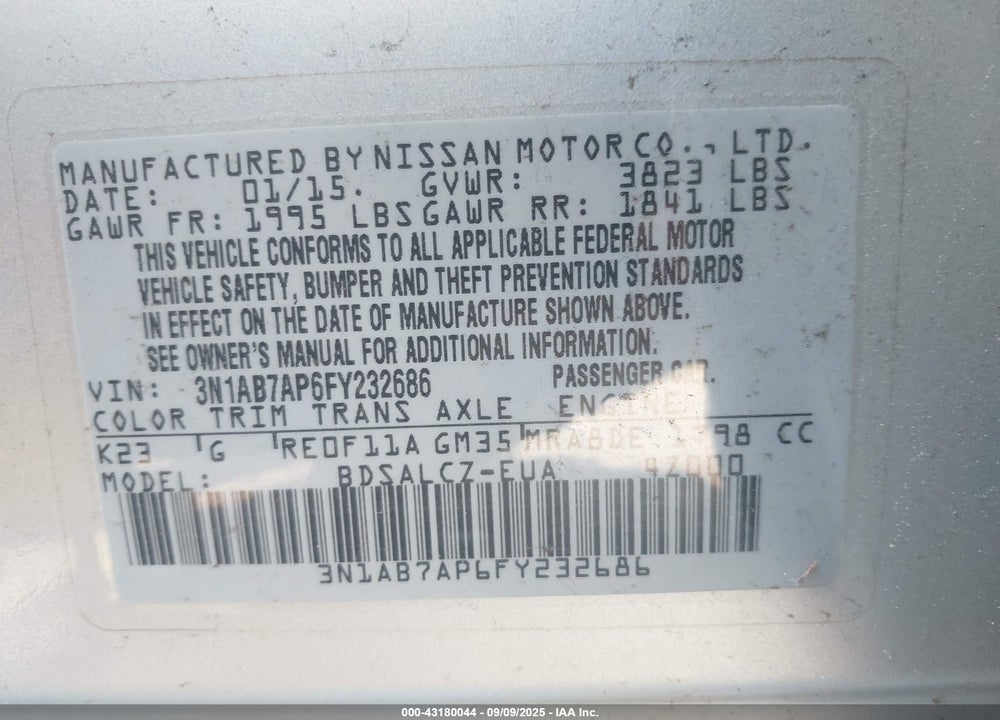 2015 NISSAN SENTRA VIN: 3N1AB7AP6FY232686
