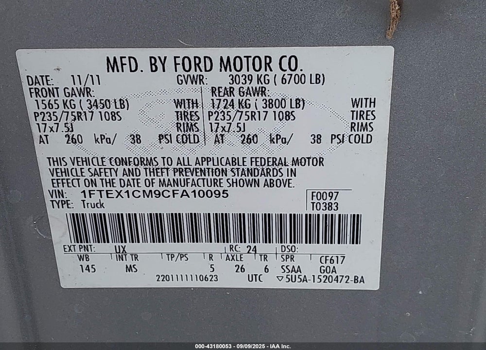 2012 FORD F-150 VIN: 1FTEX1CM9CFA10095