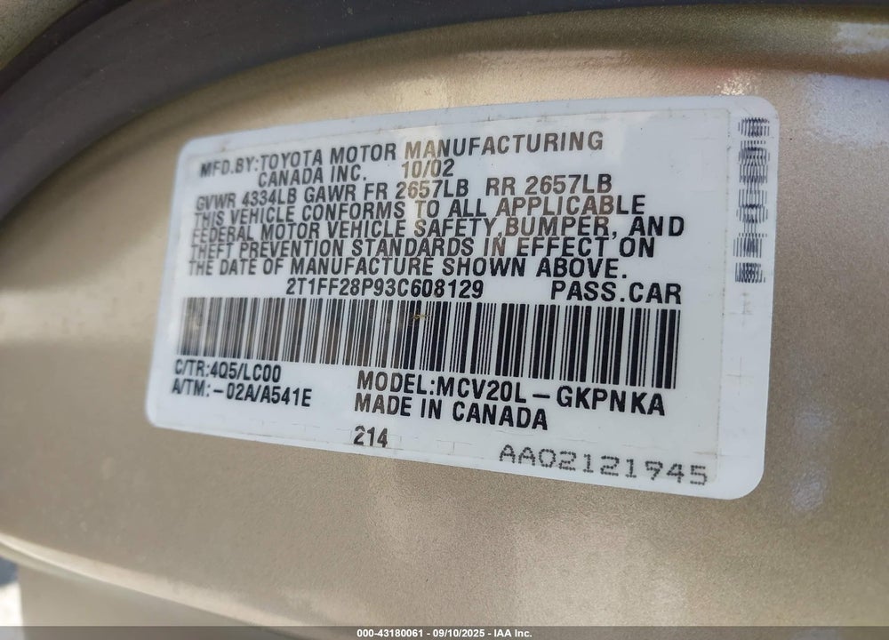2003 TOYOTA CAMRY SOLARA SLE V6 VIN: 2T1FF28P93C608129