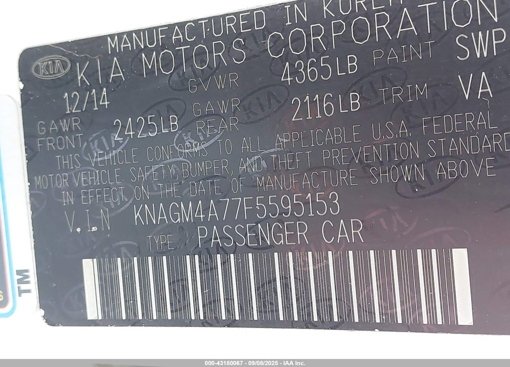 2015 KIA OPTIMA VIN: KNAGM4A77F5595153