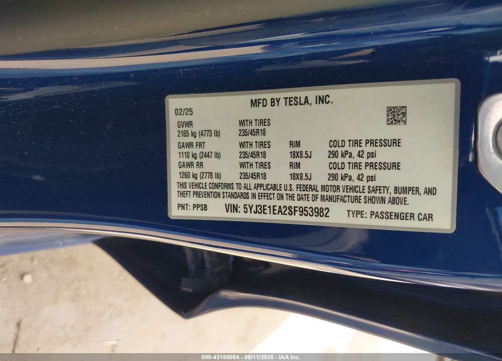 2025 TESLA MODEL 3 VIN: 5YJ3E1EA2SF953982