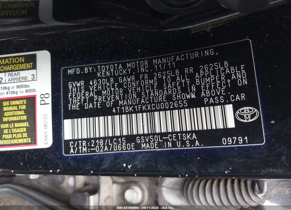 2012 TOYOTA CAMRY SE V6 VIN: 4T1BK1FKXCU002655