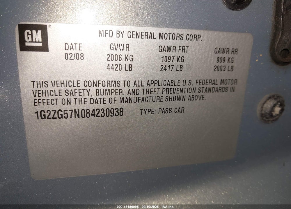 2008 PONTIAC G6 VIN: 1G2ZG57N084230938