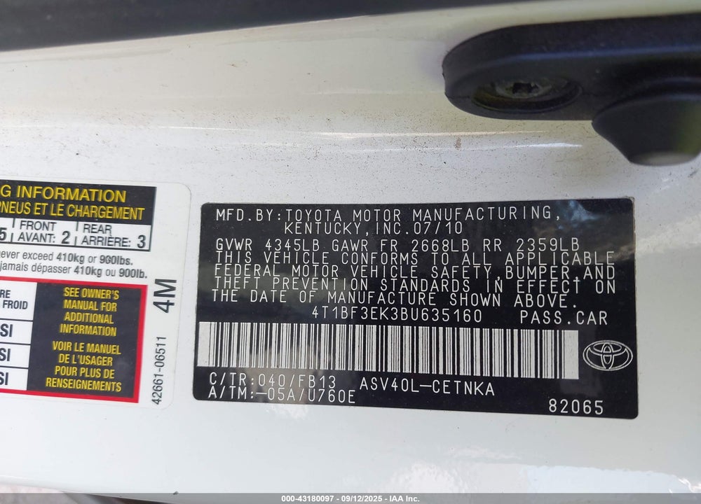 2011 TOYOTA CAMRY LE VIN: 4T1BF3EK3BU635160