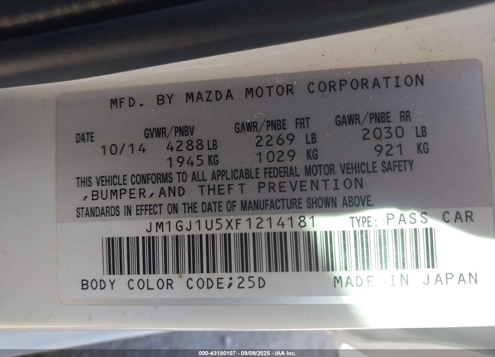 2015 MAZDA 6 VIN: JM1GJ1U5XF1214181
