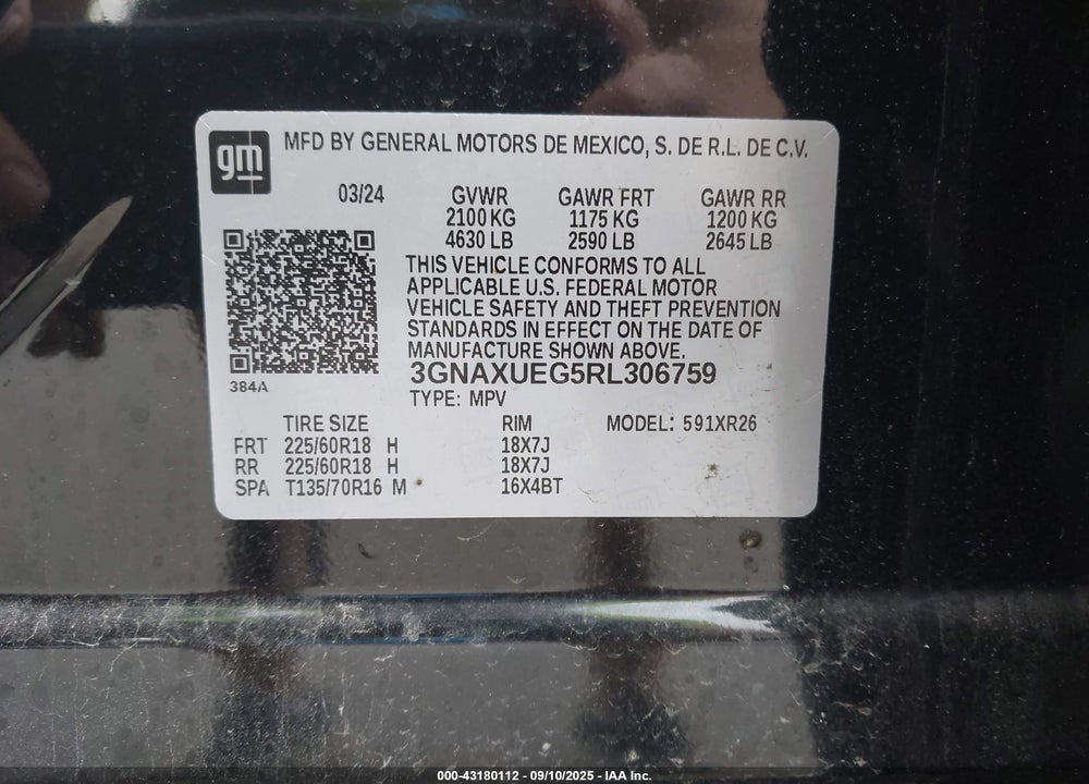 2024 CHEVROLET EQUINOX AWD LT VIN: 3GNAXUEG5RL306759