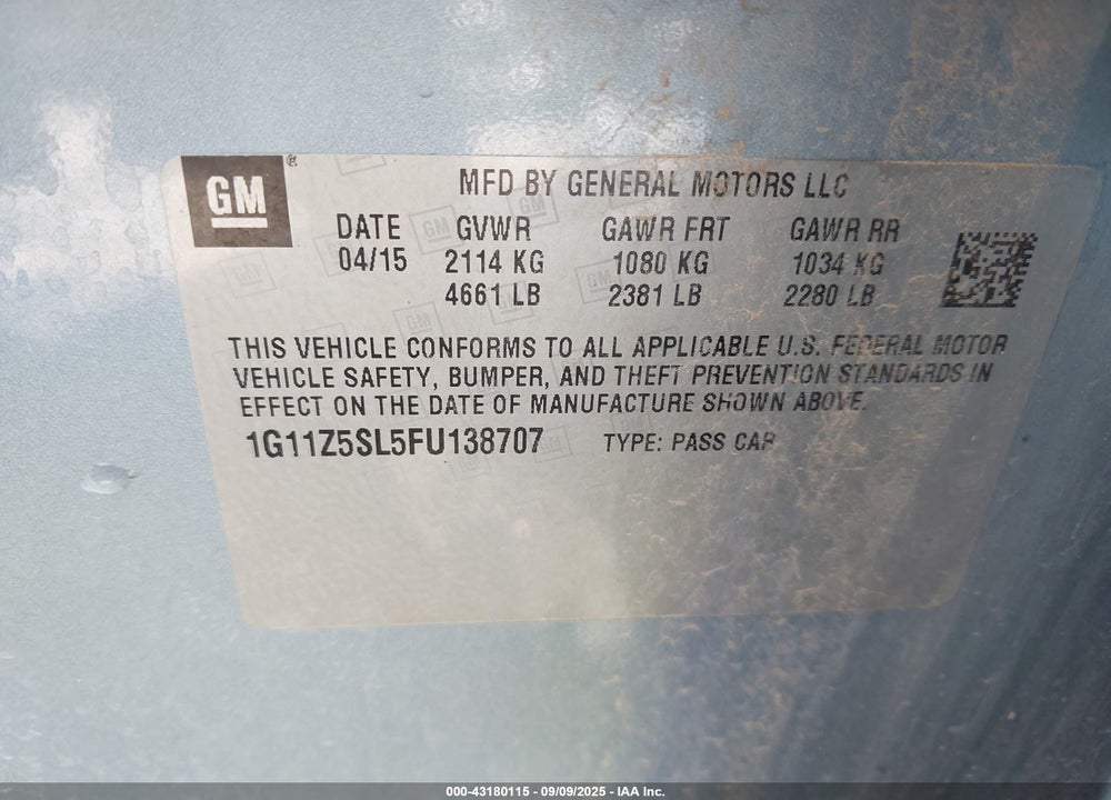 2015 CHEVROLET IMPALA VIN: 1G11Z5SL5FU138707